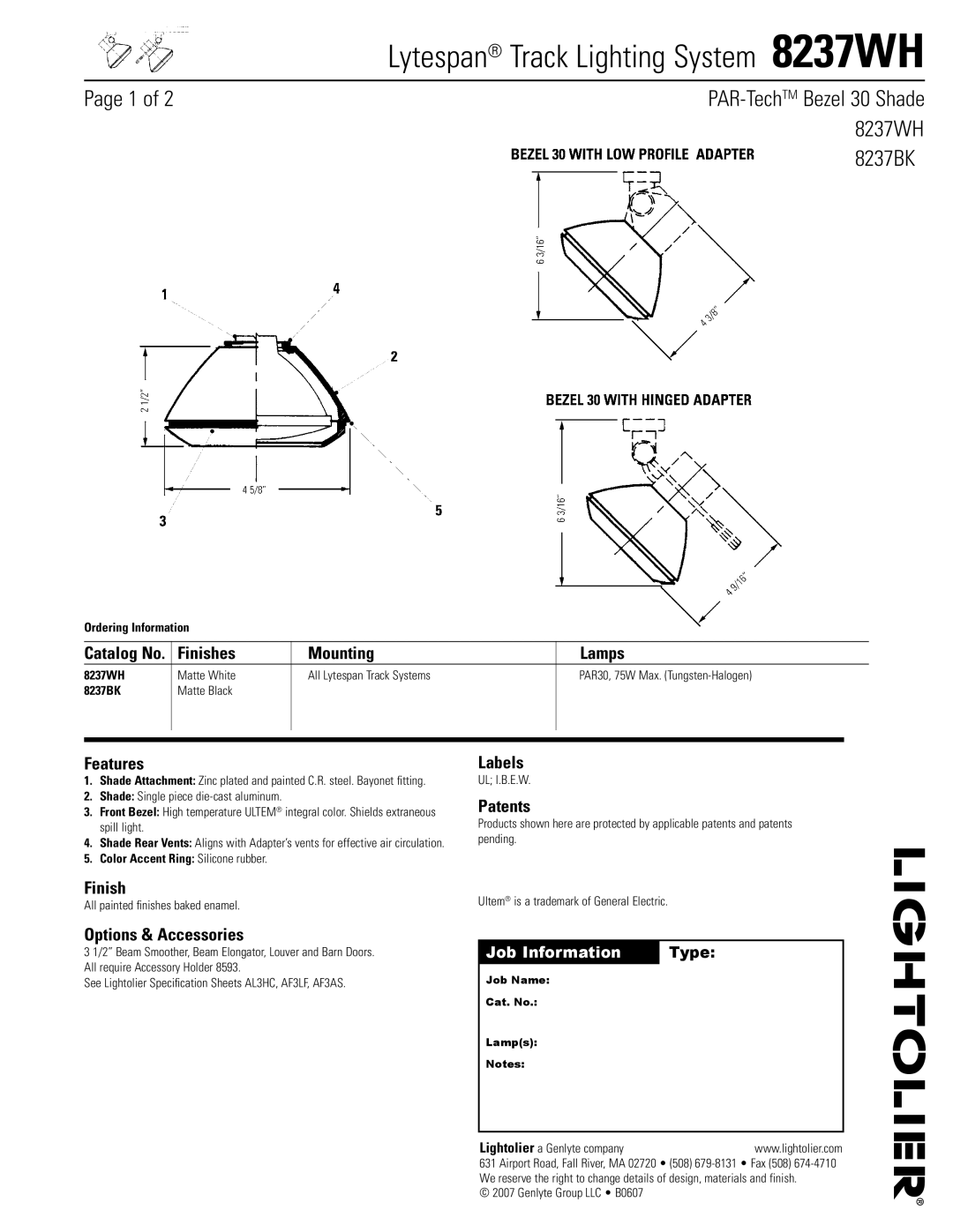 Lightolier 8237WH specifications 8237BK 