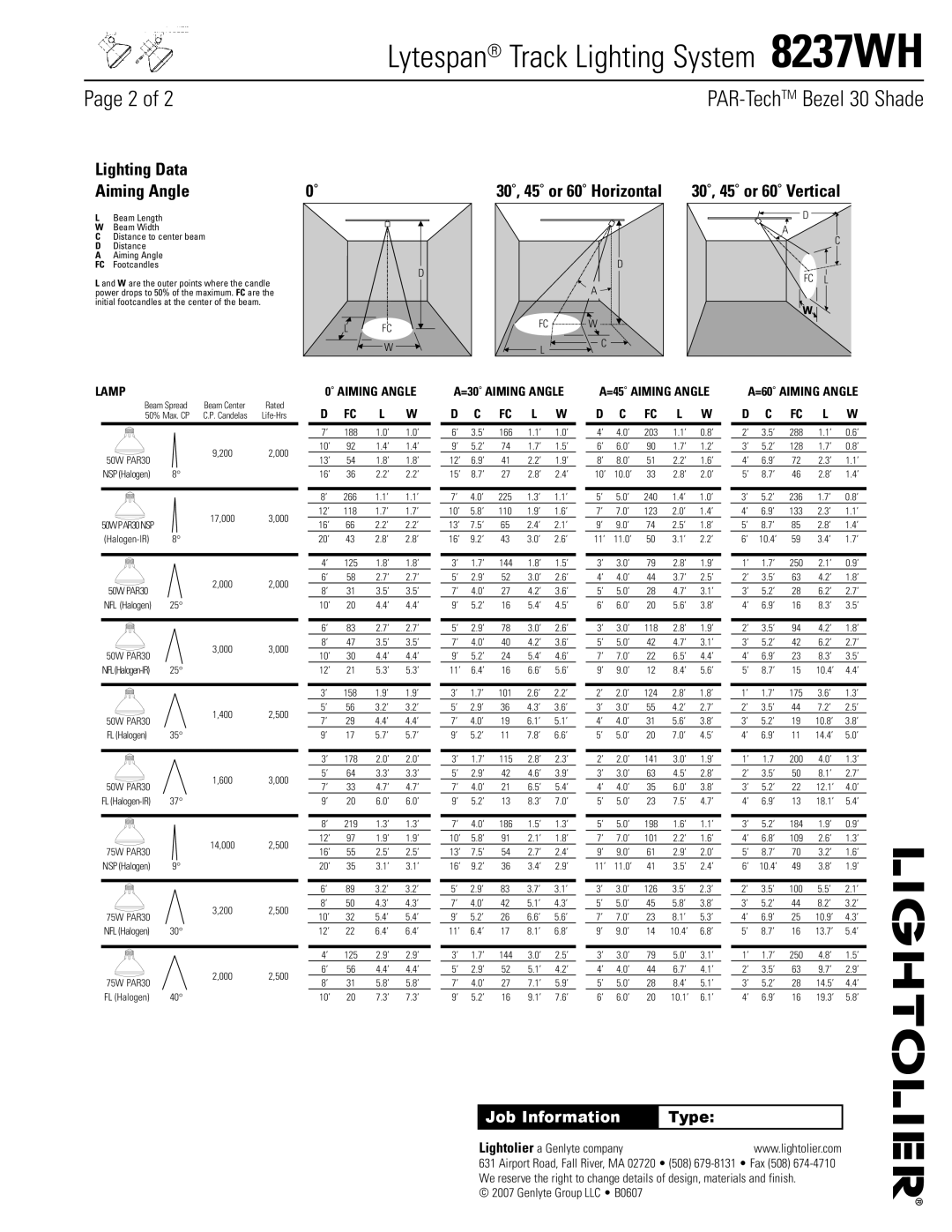 Lightolier 8237WH specifications PAR-TechTMBezel 30 Shade, Lighting Data Aiming Angle, 30˚, 45˚ or 60˚ Horizontal, Type 