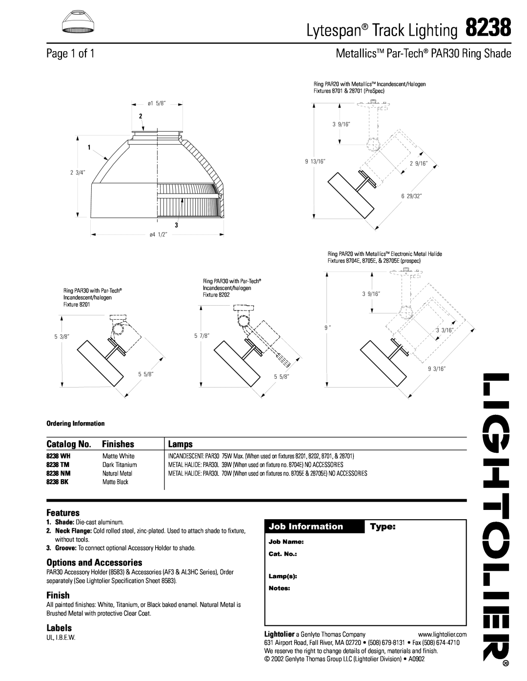 Lightolier 8238 specifications Lytespan Track Lighting, Page 1 of, MetallicsTM Par-Tech PAR30 Ring Shade, Catalog No, Type 