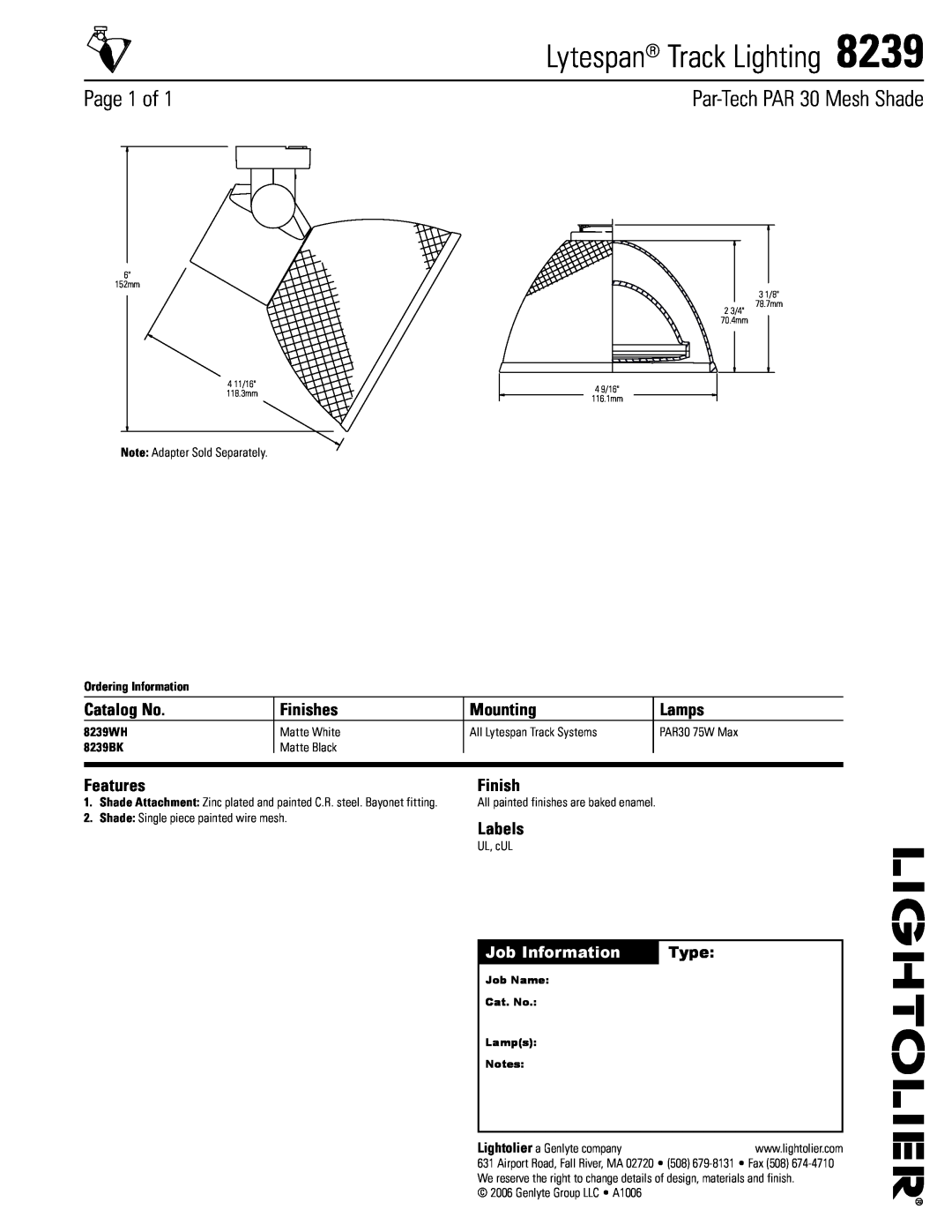 Lightolier 8239 manual Lytespan Track Lighting, Page of, Par-TechPAR 30 Mesh Shade, Catalog No, Finishes, Mounting, Lamps 
