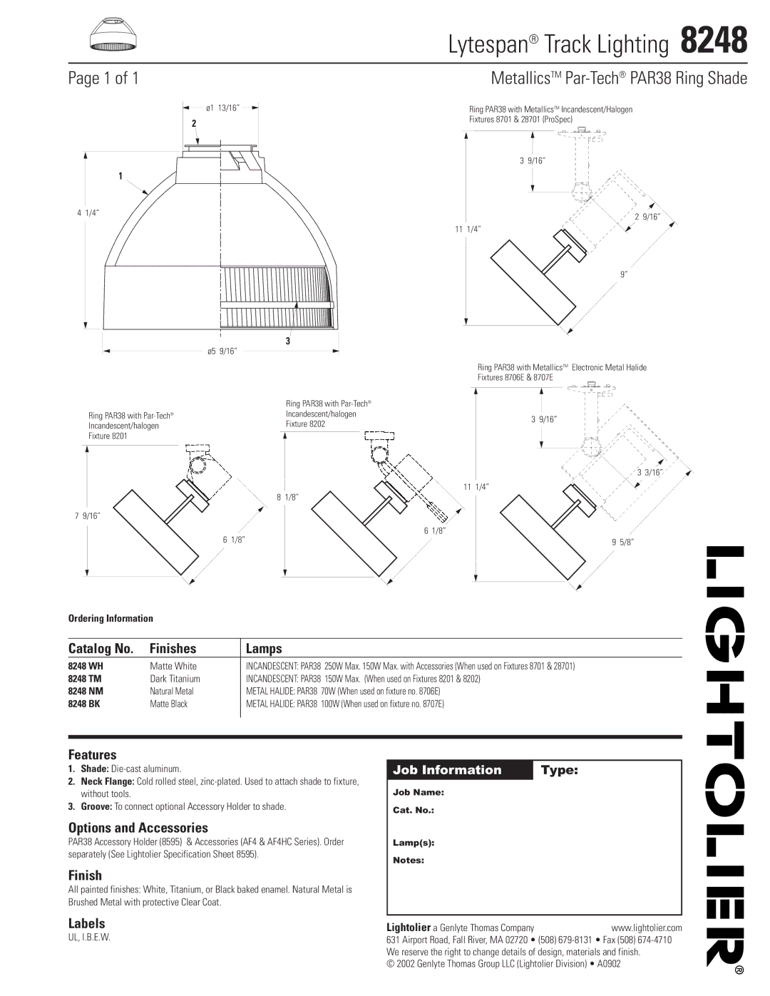 Lightolier 8248 specifications Lytespan Track Lighting, MetallicsTM Par-TechPAR38 Ring Shade 