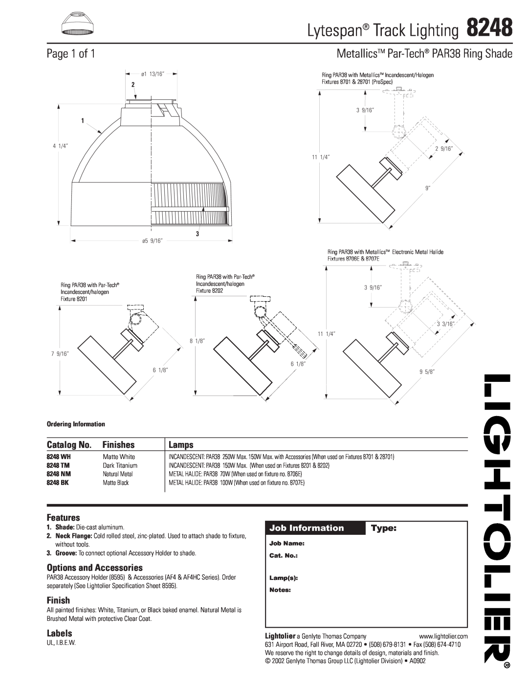 Lightolier 8248 specifications Lytespan Track Lighting, Page 1 of, MetallicsTM Par-Tech PAR38 Ring Shade, Catalog No, Type 