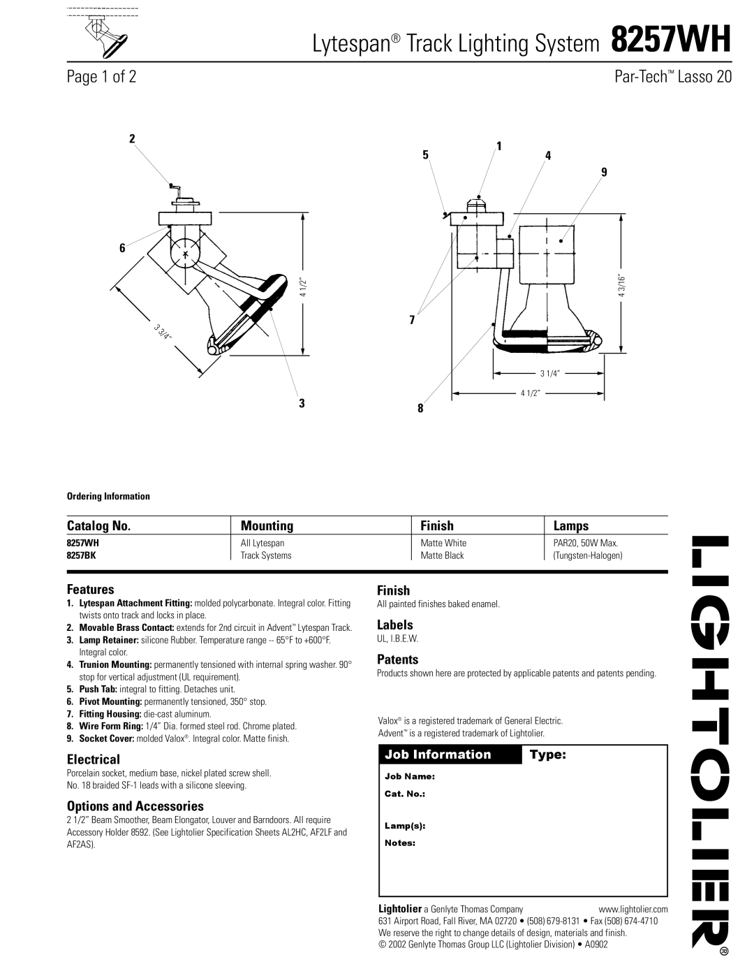 Lightolier 8257WH specifications Catalog No Mounting Finish Lamps, Features, Labels, Patents, Electrical 