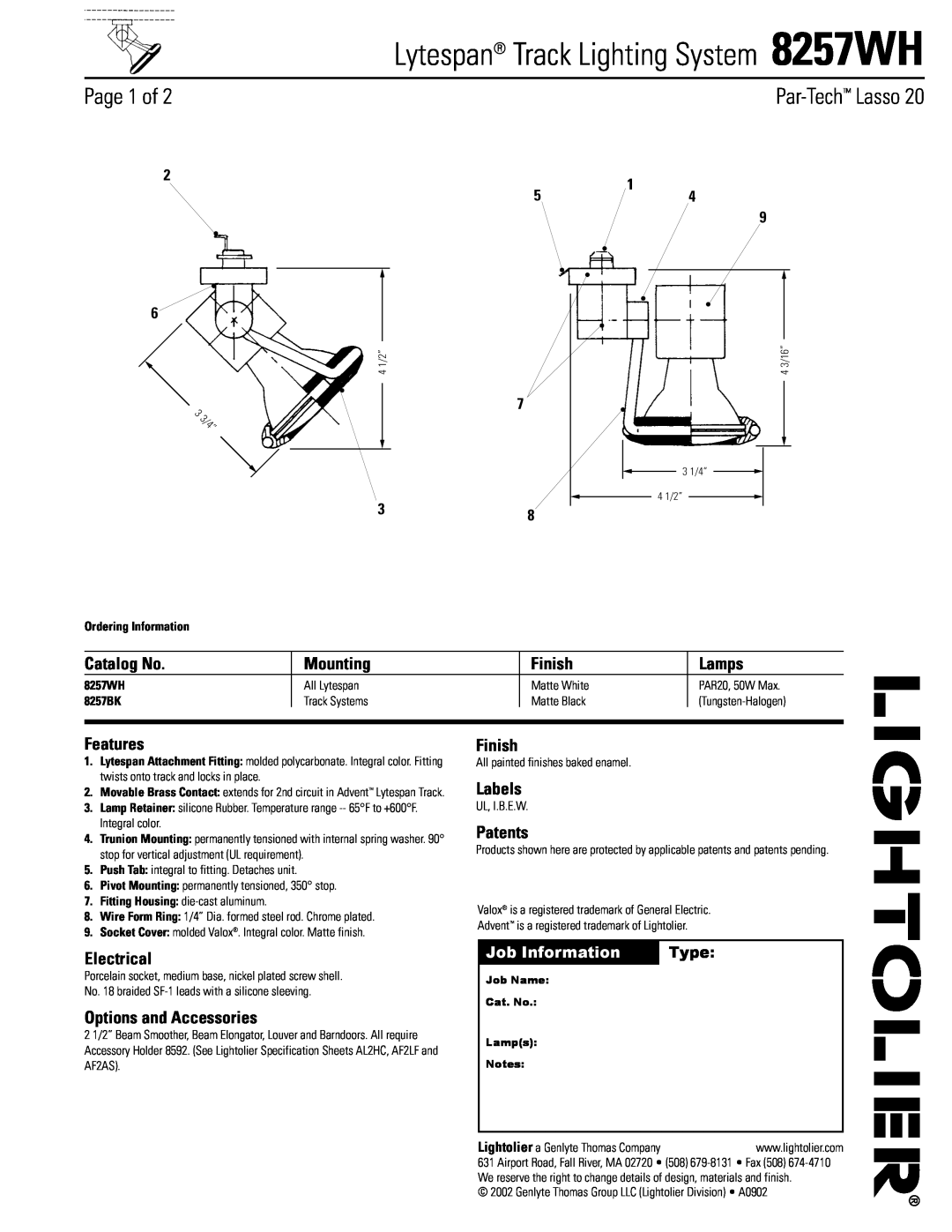 Lightolier specifications Lytespan Track Lighting System 8257WH, Page 1 of, Catalog No, Mounting, Finish, Lamps, Labels 
