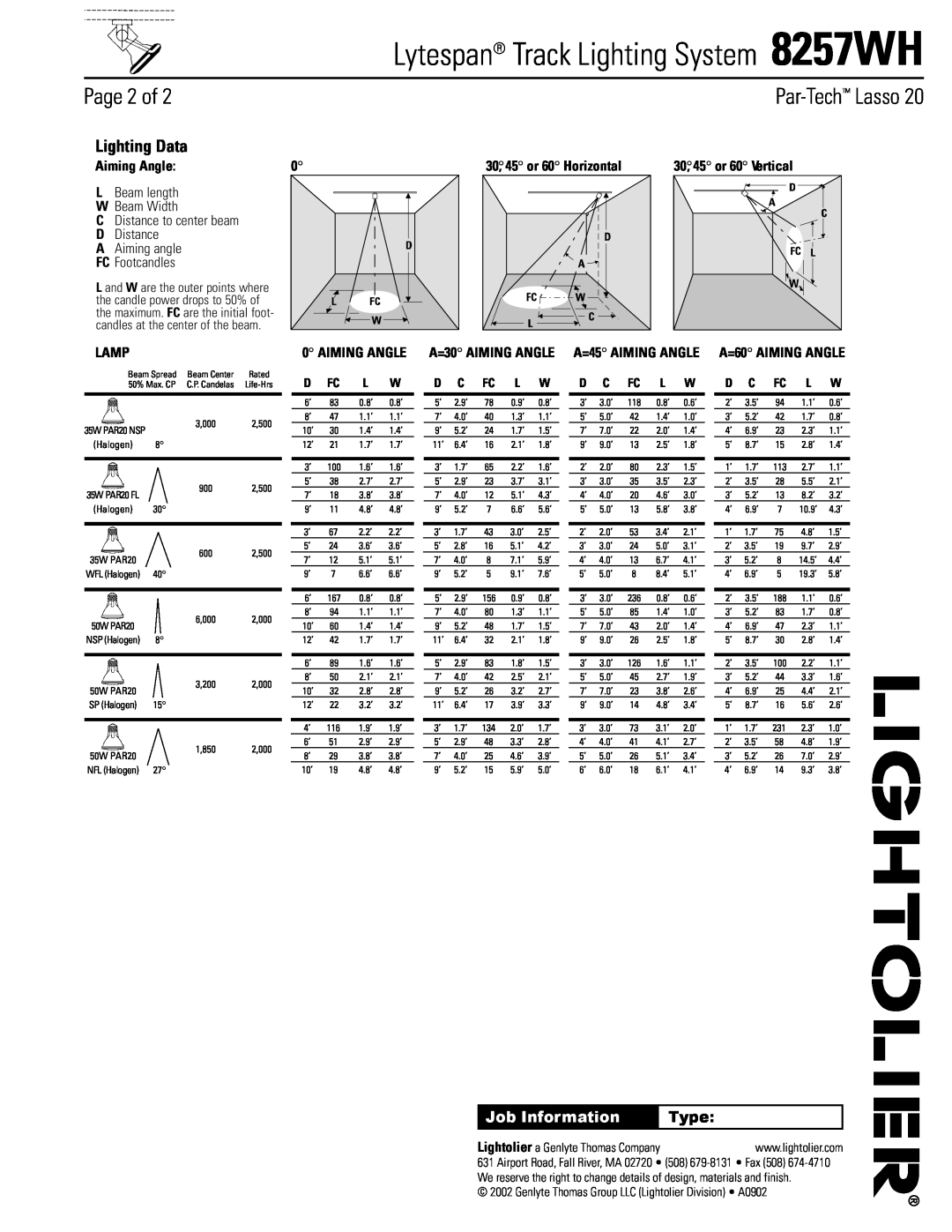 Lightolier Lytespan Track Lighting System 8257WH, Page 2 of, Par-Tech Lasso, Lighting Data, Job Information, Type 