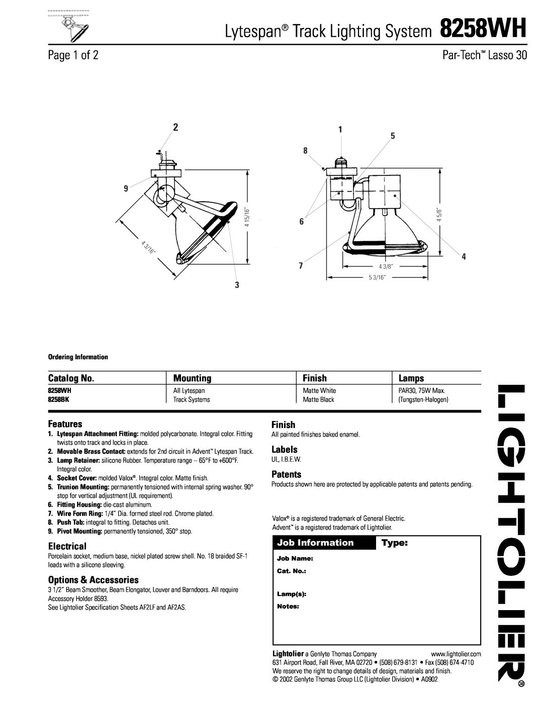 Lightolier specifications Lytespan Track Lighting System 8258WH, Page 1 of, Catalog No, Mounting, Finish, Lamps, Labels 
