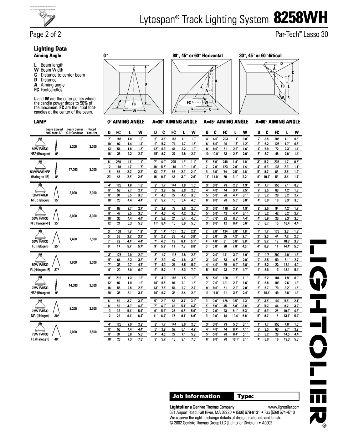 Lightolier 8258WH Lytespan Track Lighting System, Page 2 of, Par-Tech Lasso, Lighting Data, Job Information, Type, Lamp 