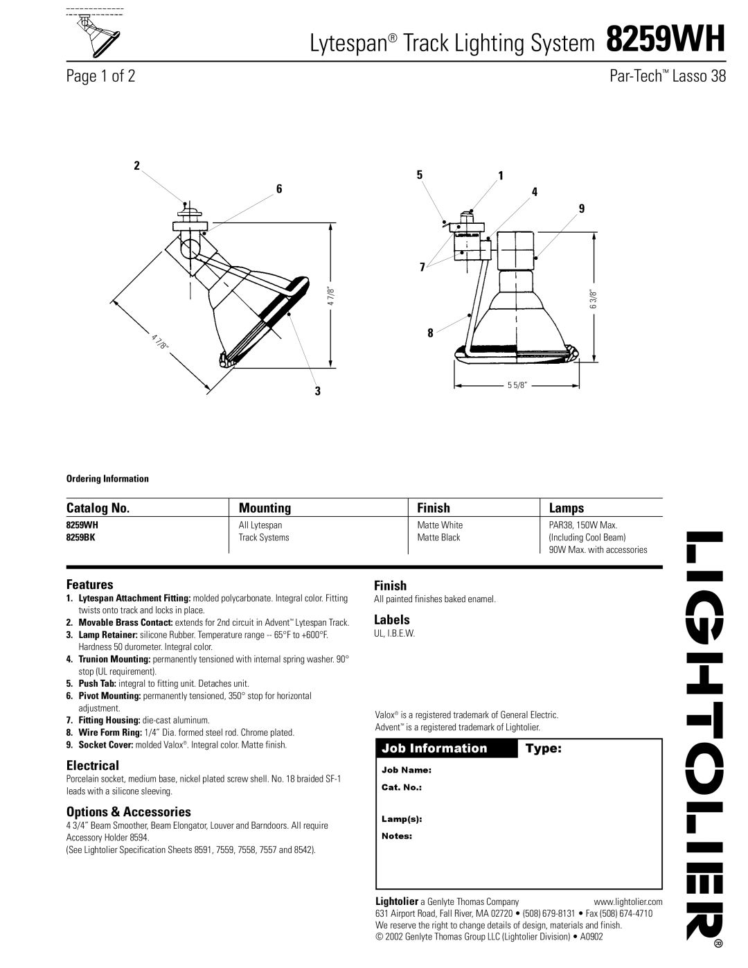 Lightolier 8259WH specifications Catalog No Mounting Finish Lamps, Features, Electrical, Options & Accessories, Labels 