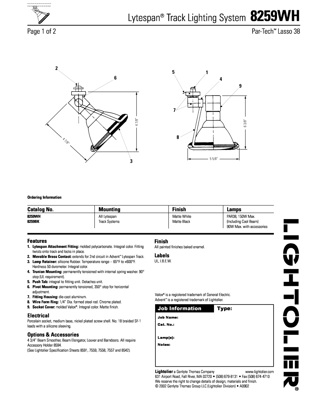 Lightolier 8259WH specifications Par-Tech Lasso, Job Information, Type, Ordering Information, 8259BK, Page 1 of, Mounting 