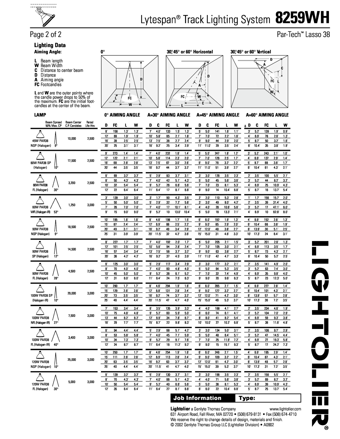 Lightolier 8259WH Page 2 of, Lamp, Lytespan Track Lighting System, Par-Tech Lasso, Lighting Data, Job Information, Type 