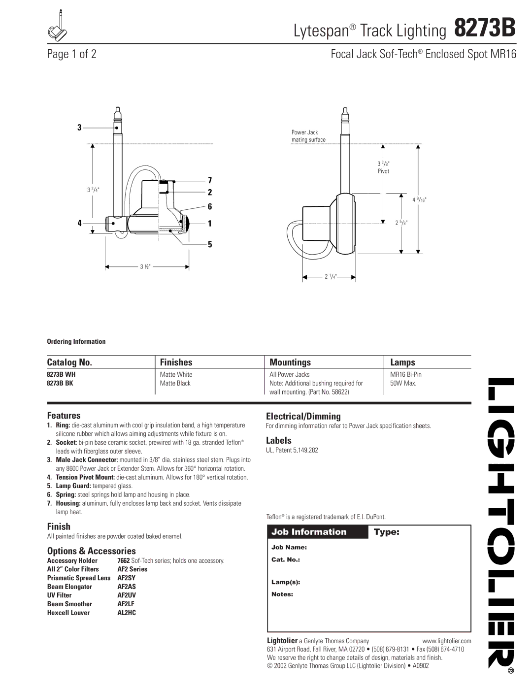 Lightolier specifications Lytespan Track Lighting 8273B 