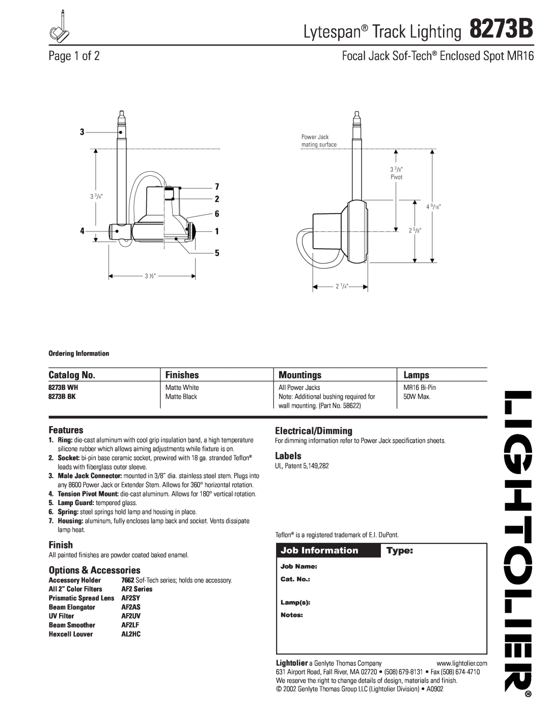 Lightolier specifications Lytespan Track Lighting 8273B, Page 1 of, Job Information, Type, Catalog No, Finishes, Lamps 