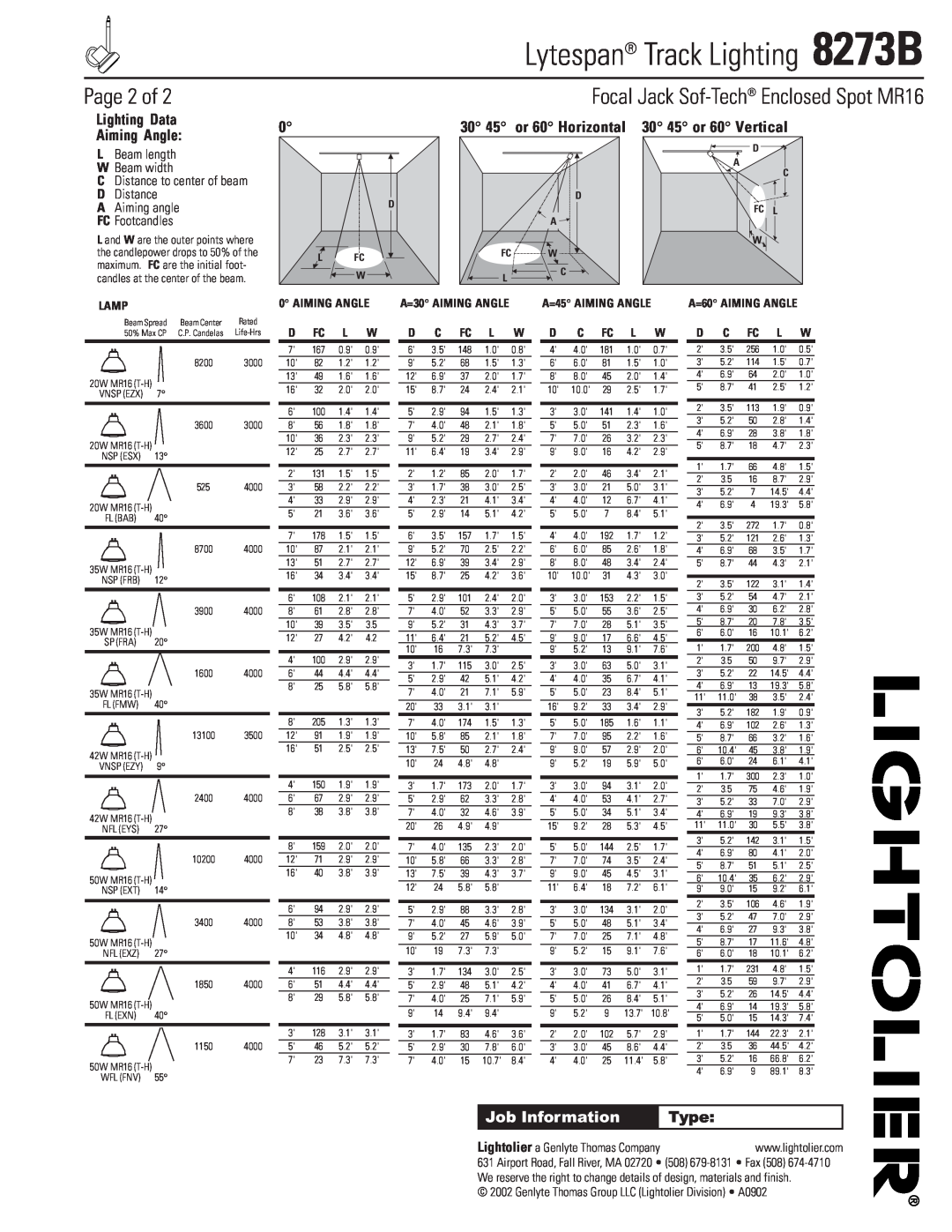Lightolier 8273B Page 2 of, Focal Jack Sof-Tech Enclosed Spot MR16, 30 45 or 60 Horizontal 30 45 or 60 Vertical, Type 