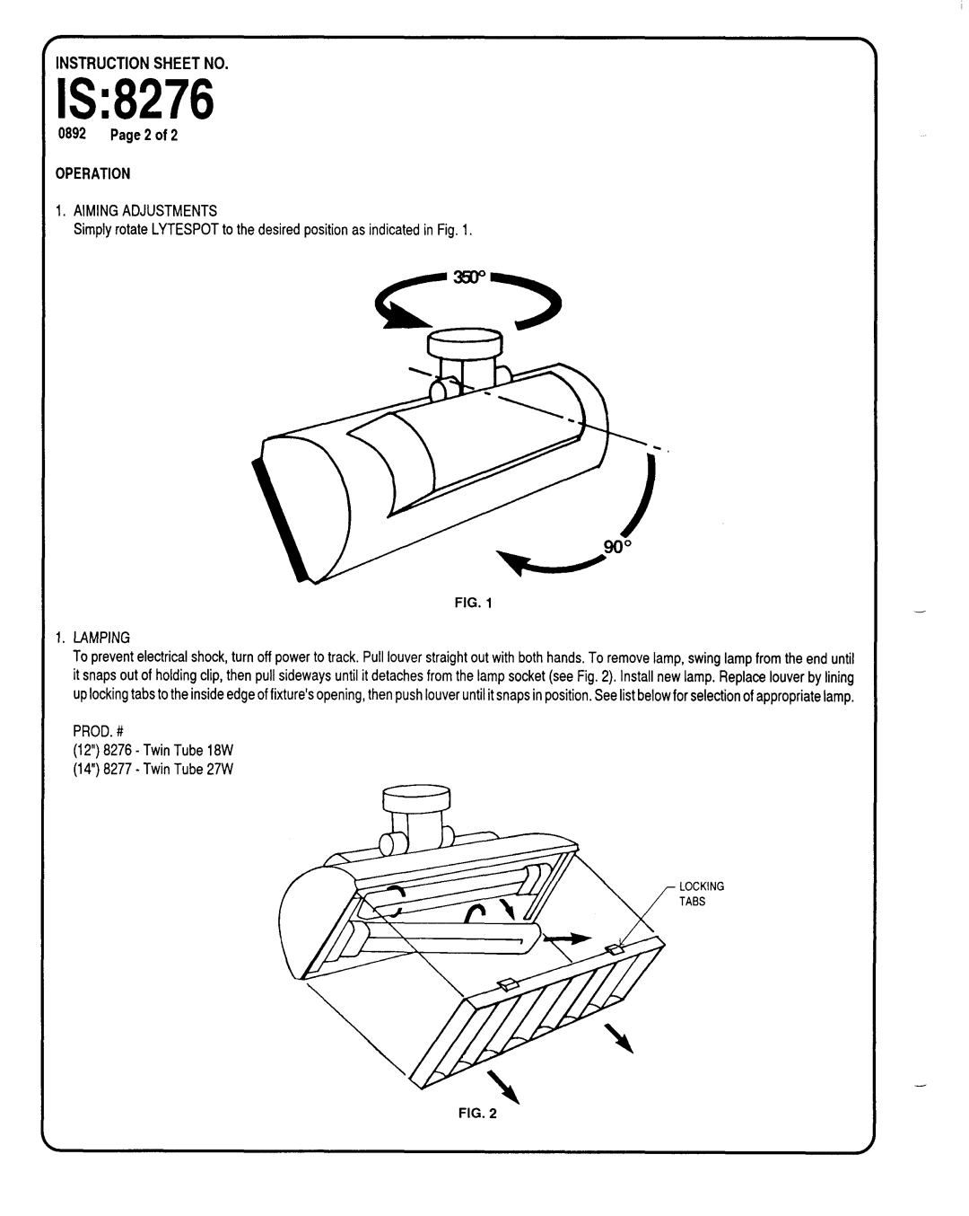 Lightolier instruction sheet 1S8276, Page20f2, Operation Aiming Adjustments, Lamping, Prod. # 