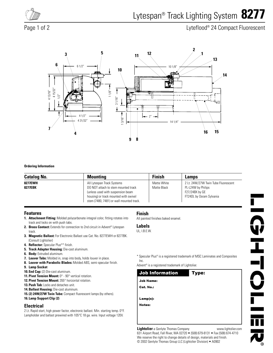 Lightolier 8277 manual Catalog No Mounting Finish Lamps, Features, Electrical, Labels 