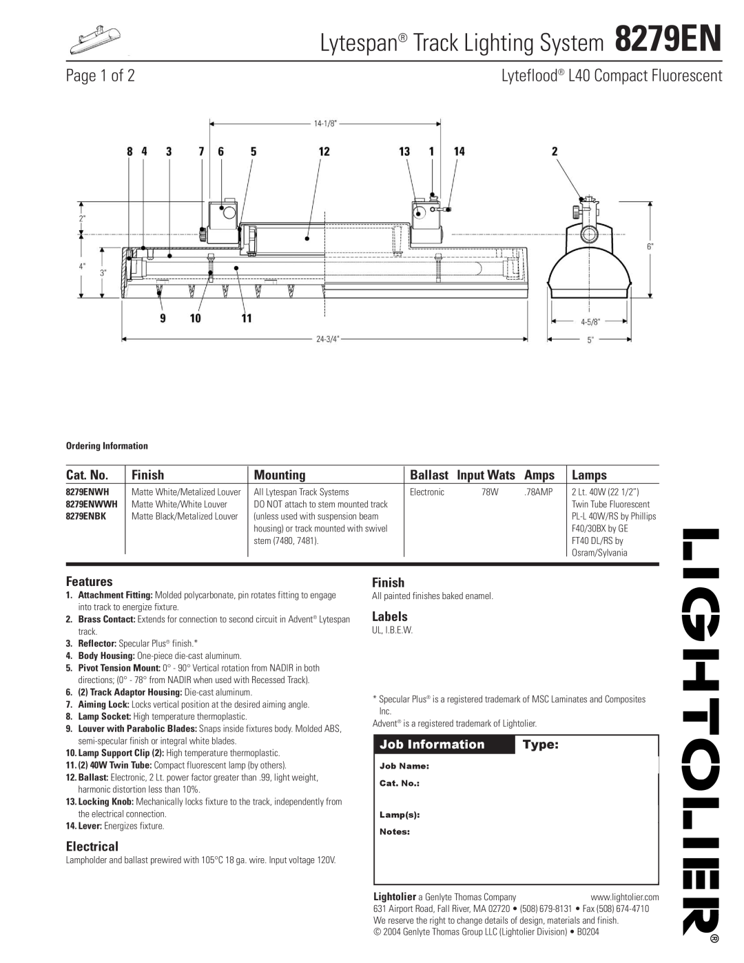 Lightolier manual Lytespan Track Lighting System 8279EN, Page 1 of, Lyteflood L40 Compact Fluorescent, Cat. No, Finish 
