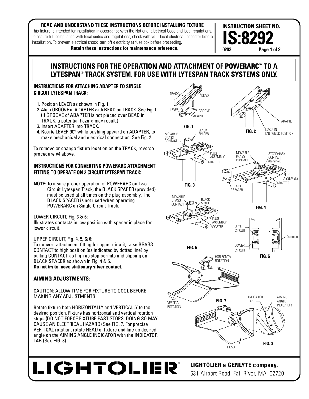 Lightolier instruction sheet IS8292, Lightolier a Genlyte company, Airport Road, Fall River, MA, Instruction Sheet no 