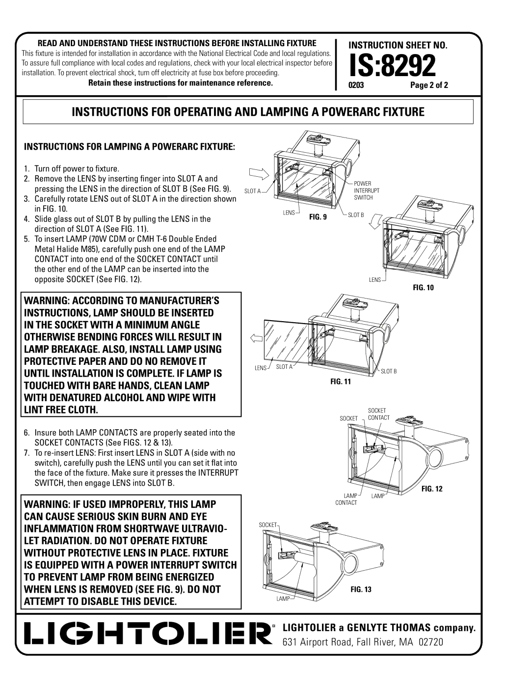 Lightolier 8292 Instructions for Operating and Lamping a Powerarc Fixture, Instructions for Lamping a Powerarc Fixture 