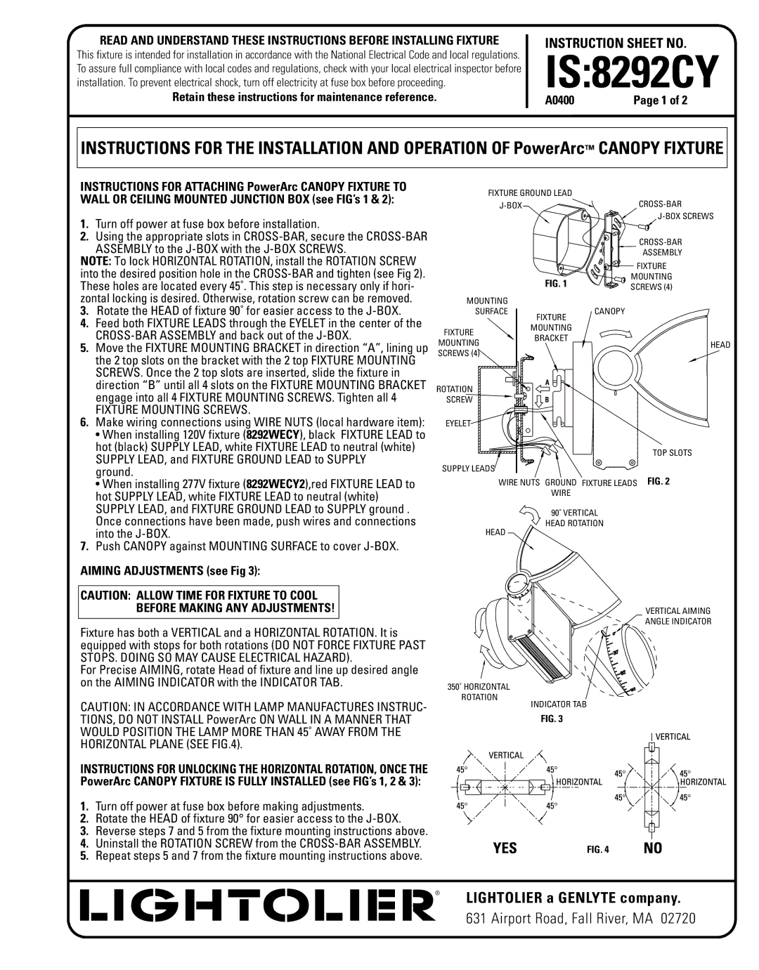 Lightolier 8292CY instruction sheet Turn off power at fuse box before installation 