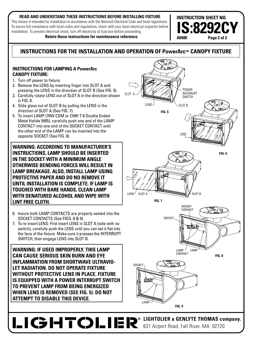 Lightolier instruction sheet IS8292CY, Turn off power to fixture 