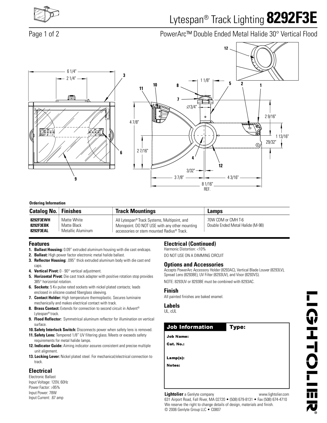 Lightolier 8292F3E manual Finishes Track Mountings Lamps, Features, Electrical, Options and Accessories, Labels 