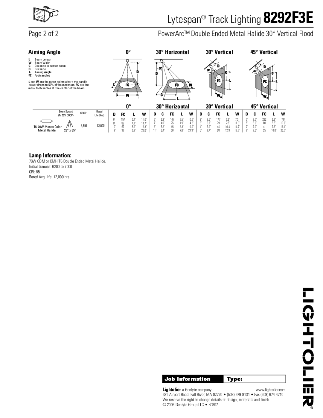 Lightolier 8292F3E manual Lamp Information, Aiming Angle, Vertical, Job Information, Type 