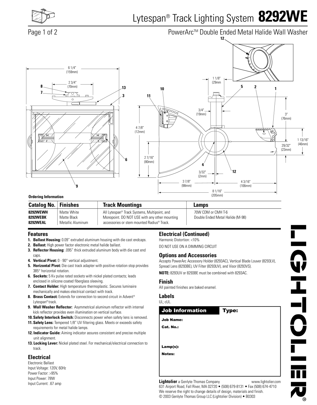 Lightolier 8292WE manual Finishes Track Mountings Lamps, Features, Electrical, Options and Accessories, Labels 