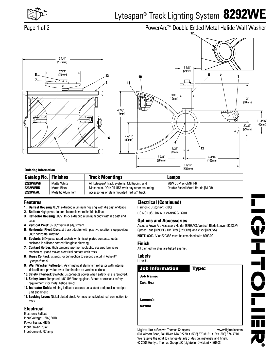 Lightolier manual Lytespan Track Lighting System 8292WE, Finishes, Track Mountings, Lamps, Features, Electrical, Labels 
