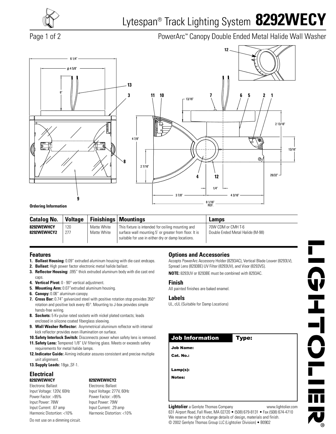 Lightolier 8292WECY manual Voltage, Mountings Lamps, Features, Electrical, Options and Accessories, Finish, Labels 