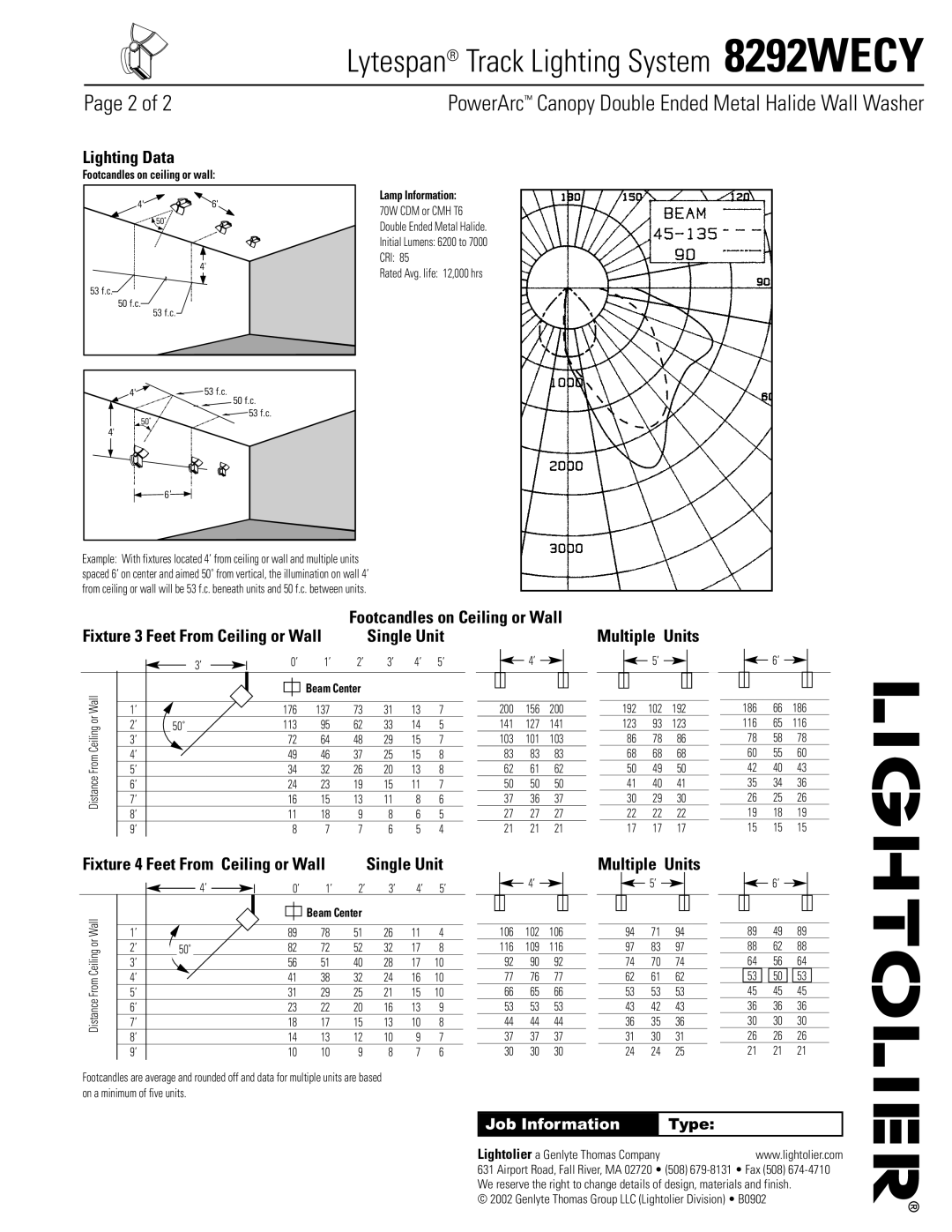 Lightolier 8292WECY manual Lighting Data, Single Unit, Multiple Units 