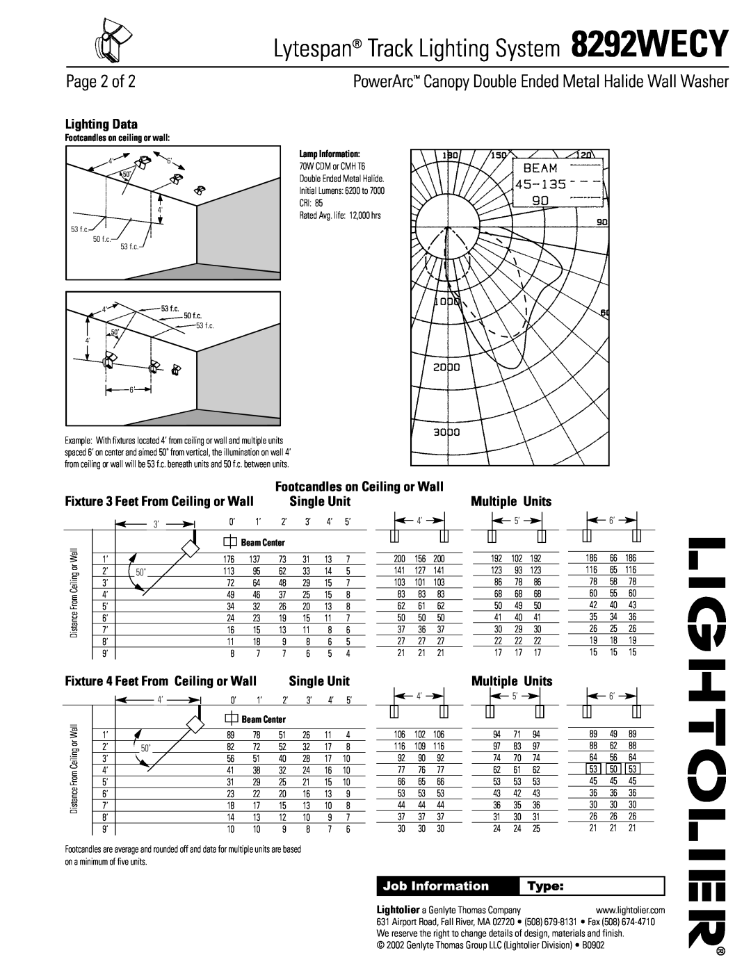 Lightolier 8292WECY manual Page 2 of, Lighting Data, Single Unit, Multiple Units, Fixture 3 Feet From Ceiling or Wall, Type 