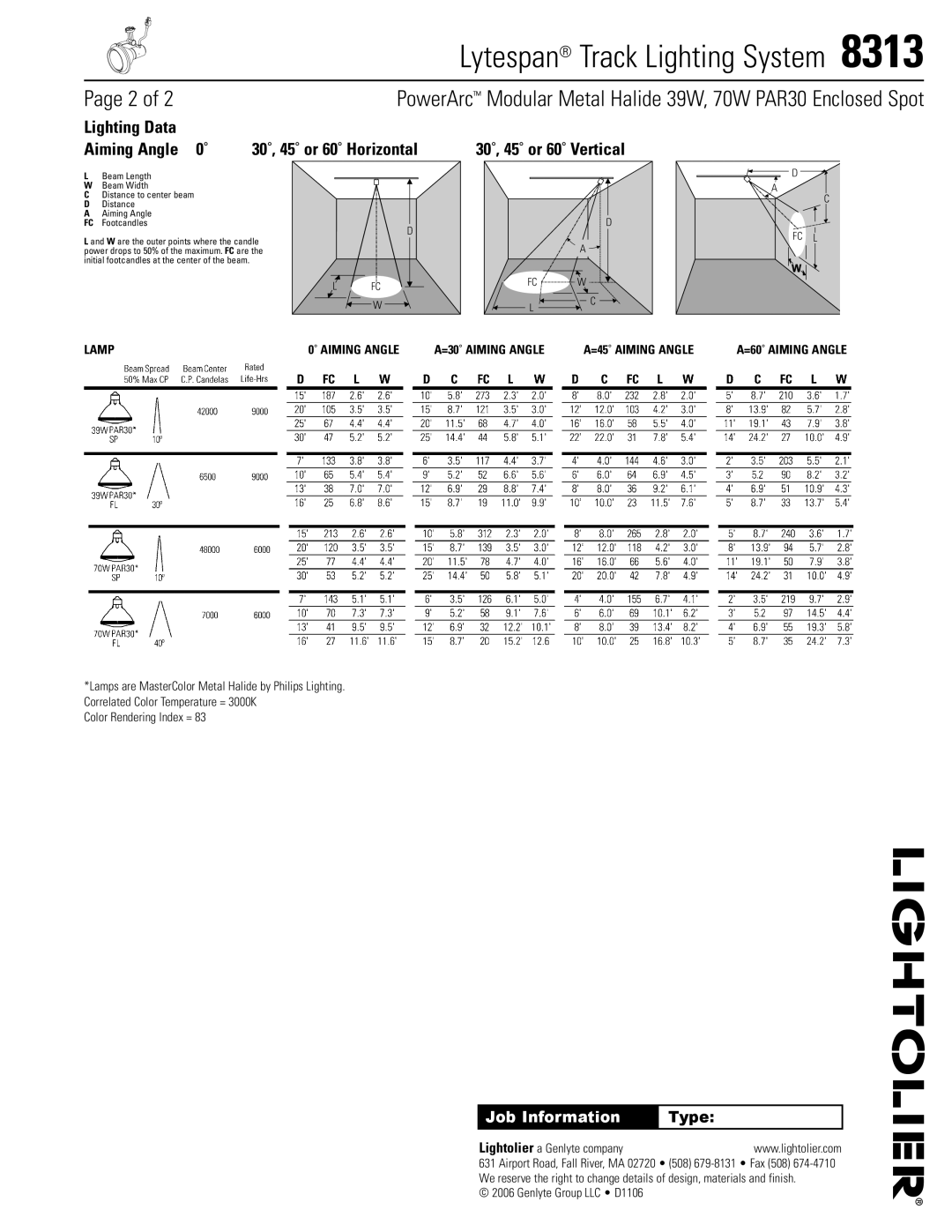 Lightolier 8313 manual Lighting Data Aiming Angle 0˚ 30˚, 45˚ or 60˚ Horizontal, 30˚, 45˚ or 60˚ Vertical, Type 