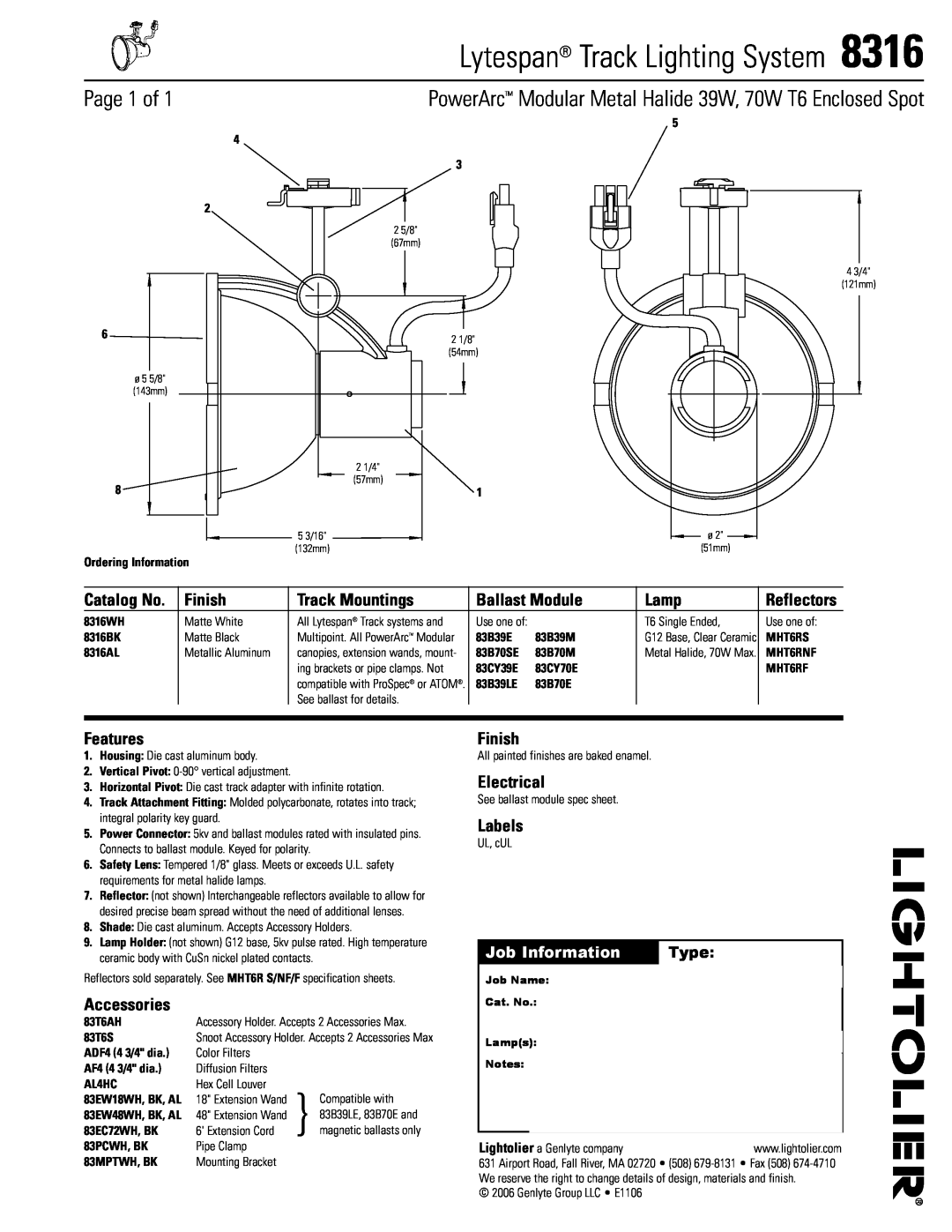 Lightolier 8316 specifications Lytespan Track Lighting System, Page 1 of, Finish, Track Mountings, Ballast Module, Lamp 