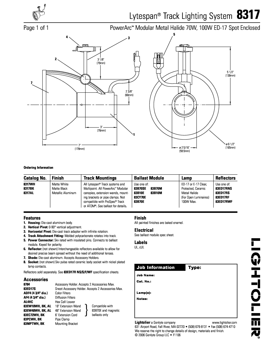 Lightolier 8317 specifications Lytespan Track Lighting System, Page 1 of, Finish, Track Mountings, Ballast Module, Lamp 