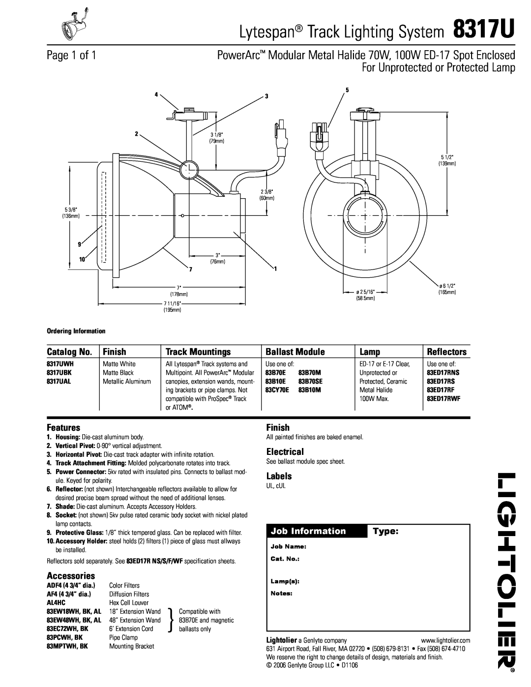 Lightolier specifications Lytespan Track Lighting System 8317U, For Unprotected or Protected Lamp, Page 1 of, Finish 