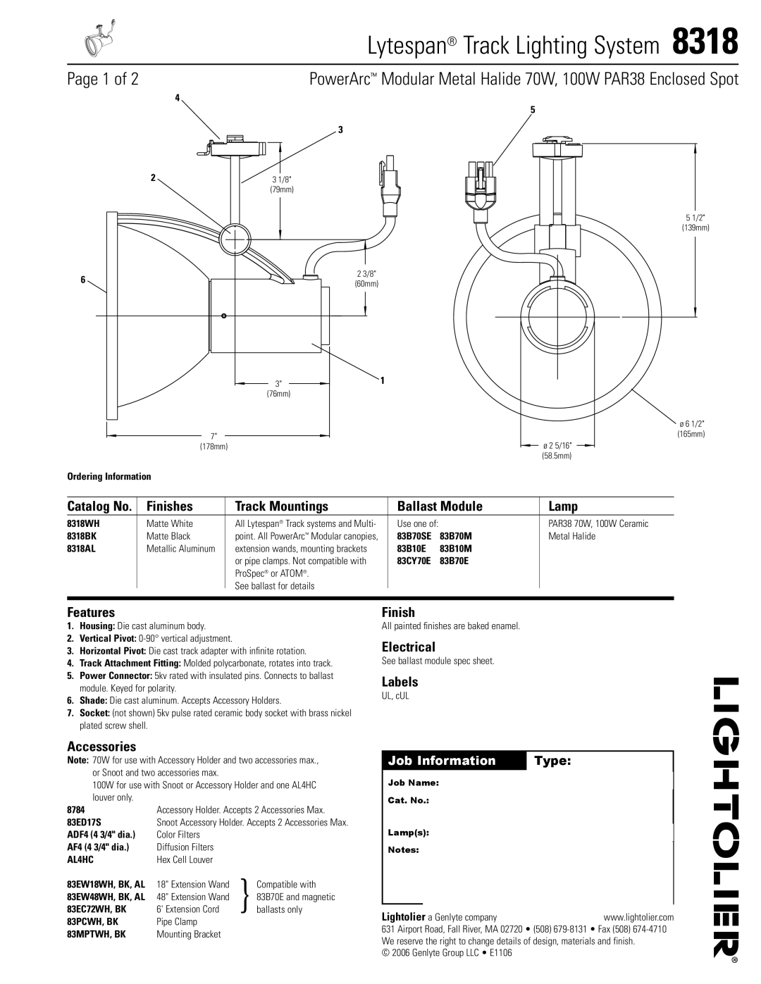 Lightolier 8318 manual Finishes Track Mountings Ballast Module Lamp, Features, Accessories, Electrical, Labels 