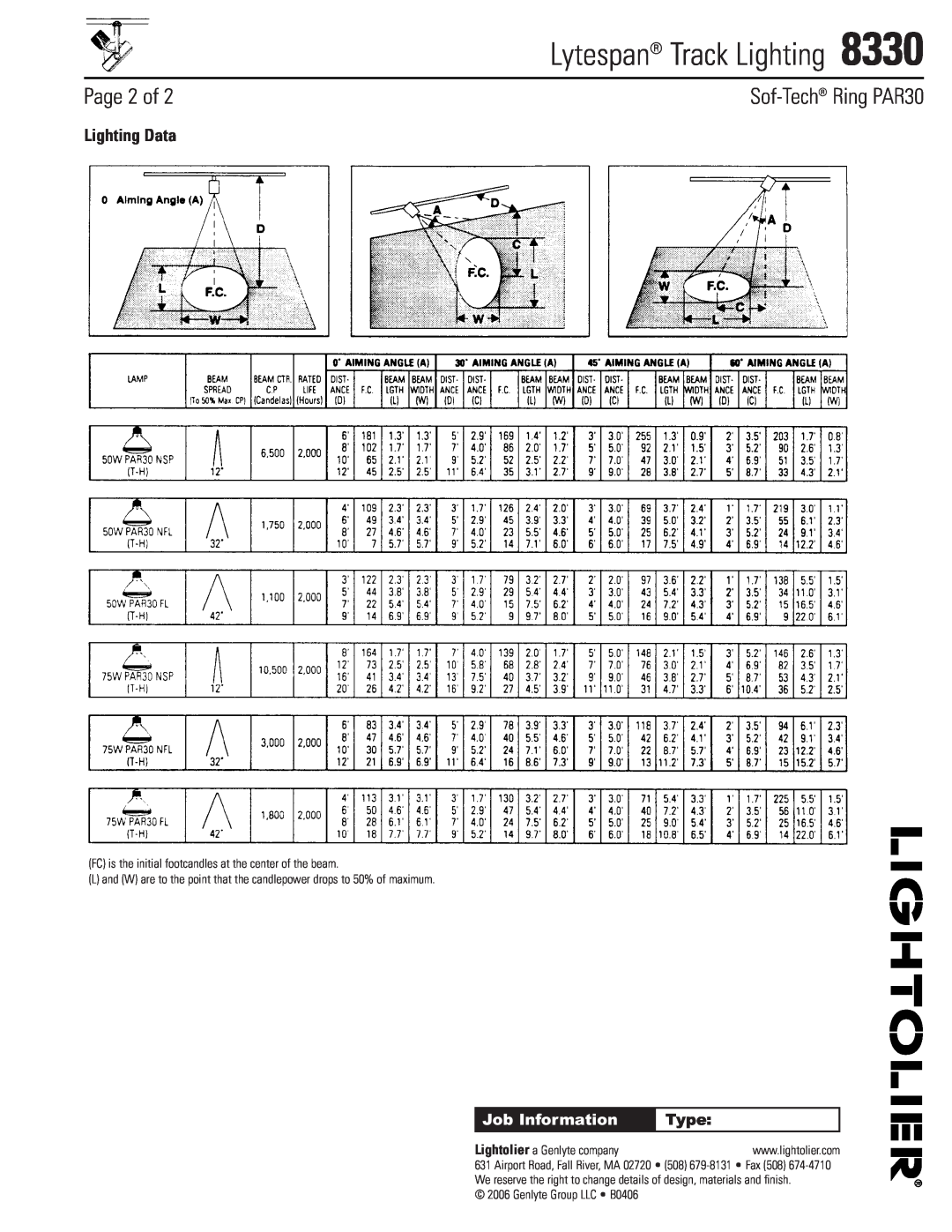 Lightolier 8330 manual Page 2 of, Lighting Data, Type, Lytespan Track Lighting, Sof-Tech Ring PAR30, Job Information 