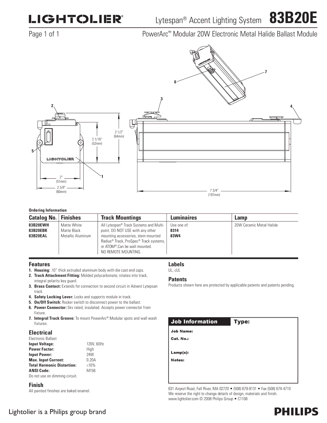 Lightolier manual Lytespan Accent Lighting System 83B20E, PowerArc Modular 20W Electronic Metal Halide Ballast Module 