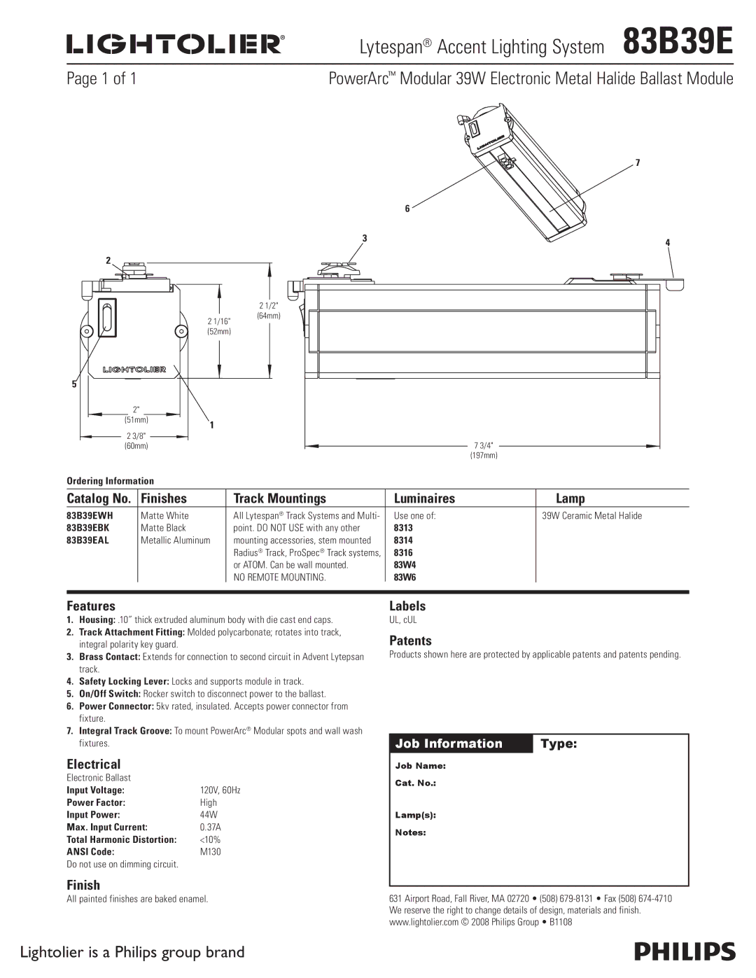 Lightolier manual Lytespan Accent Lighting System 83B39E, PowerArc Modular 39W Electronic Metal Halide Ballast Module 