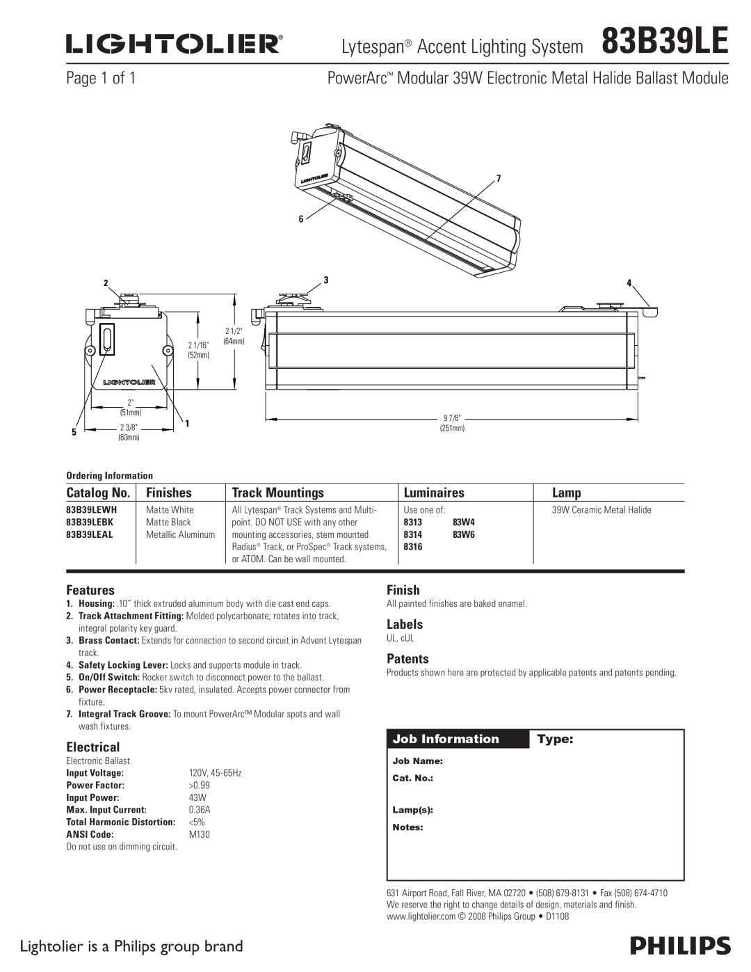 Lightolier manual Lytespan Accent Lighting System 83B39LE, Lightolier is a Philips group brand 