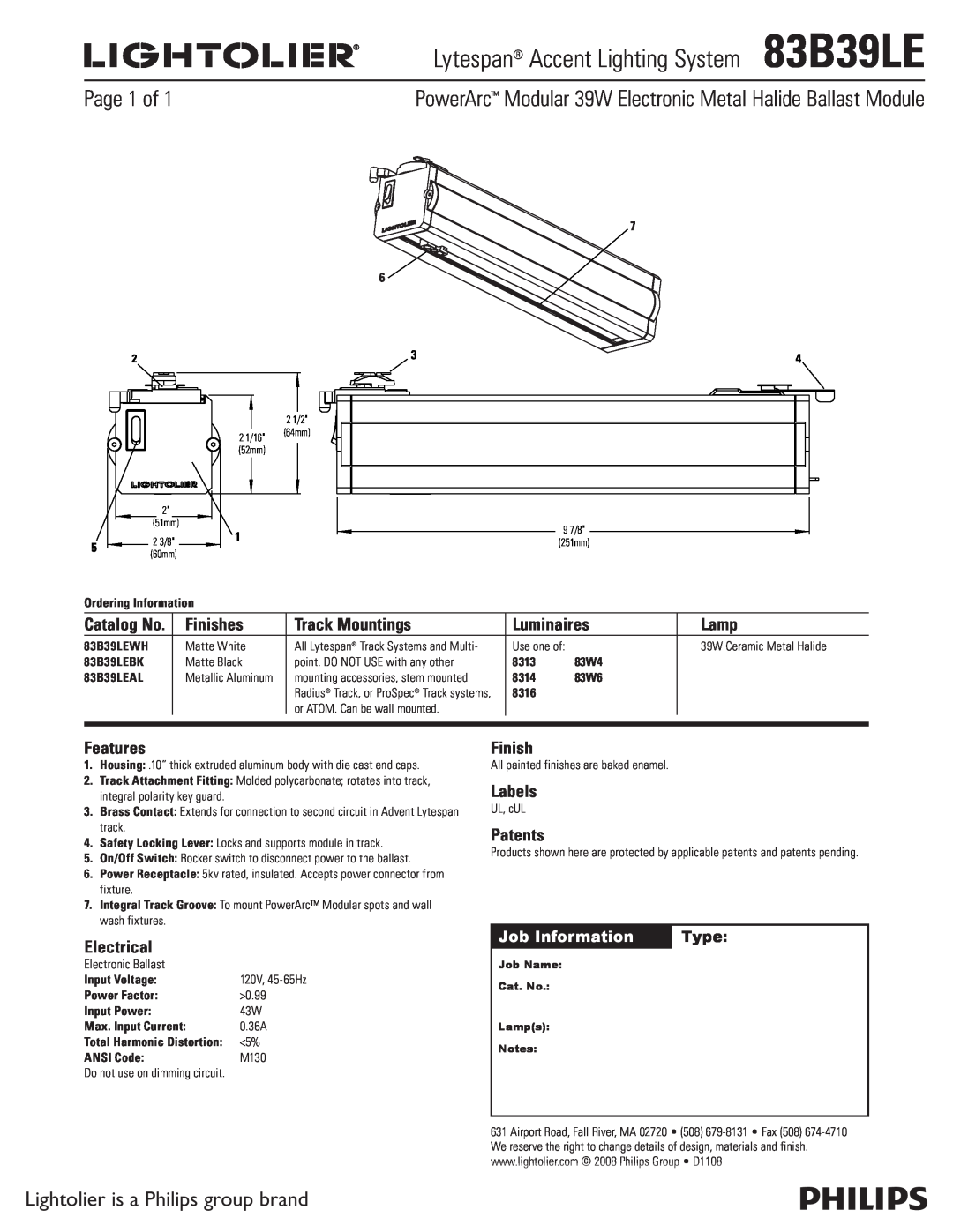 Lightolier manual Lytespan Accent Lighting System83B39LE, Page 1 of, Lightolier is a Philips group brand, Finishes 