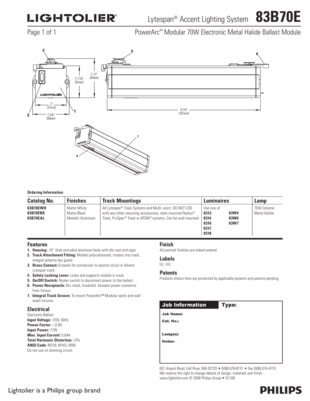 Lightolier manual Lytespan Accent Lighting System 83B70E, PowerArc Modular 70W Electronic Metal Halide Ballast Module 