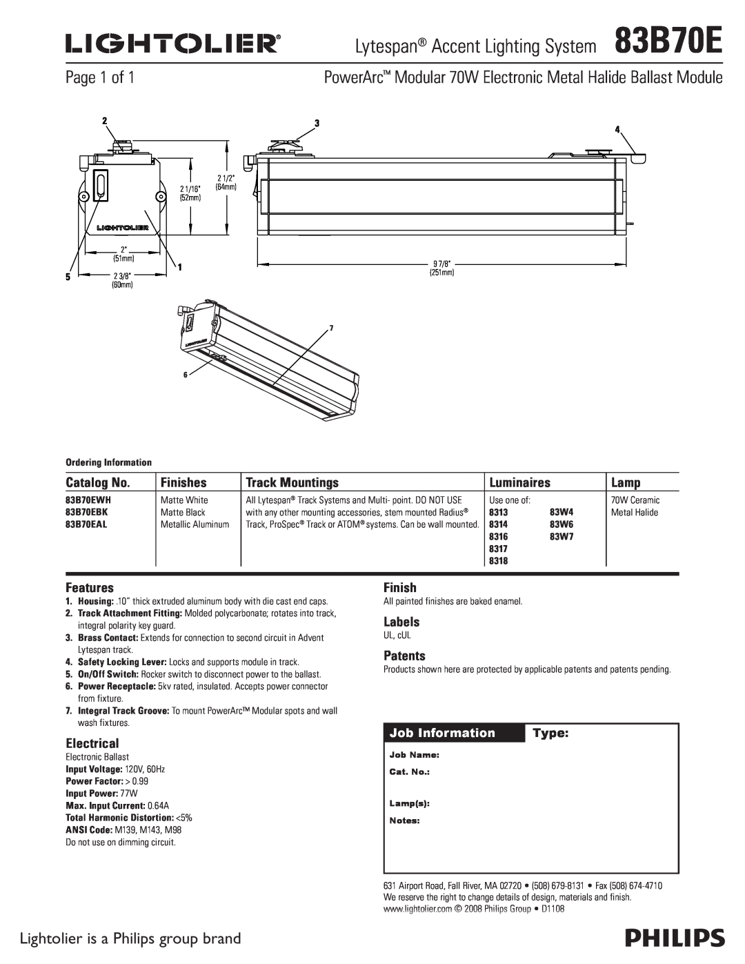 Lightolier manual Lytespan Accent Lighting System83B70E, Page 1 of, Lightolier is a Philips group brand, Catalog No 