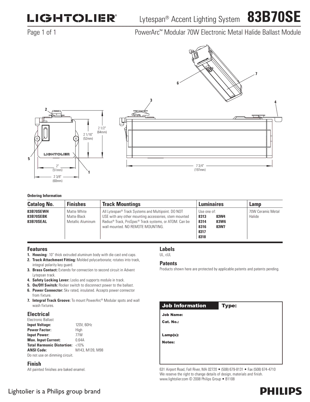 Lightolier manual Lytespan Accent Lighting System 83B70SE, Lightolier is a Philips group brand 