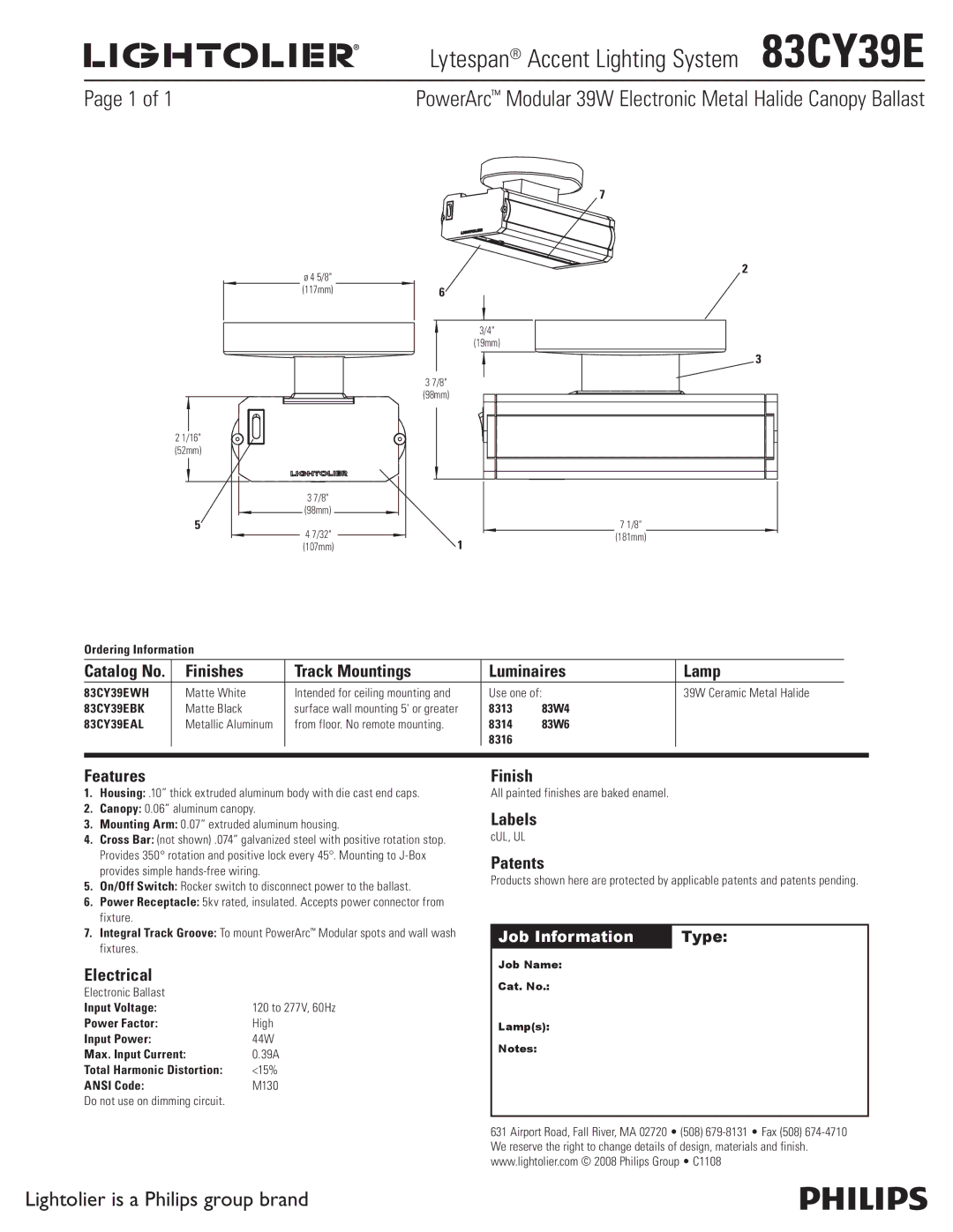 Lightolier manual Lytespan Accent Lighting System 83CY39E, PowerArc Modular 39W Electronic Metal Halide Canopy Ballast 