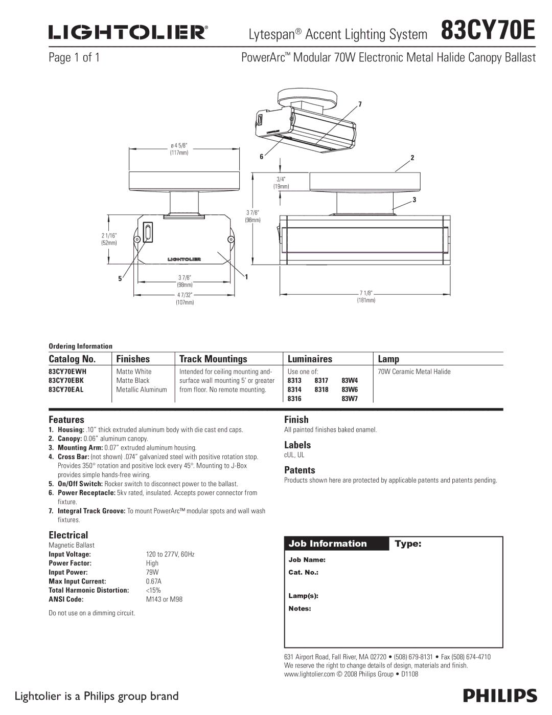 Lightolier manual Lytespan Accent Lighting System 83CY70E, PowerArc Modular 70W Electronic Metal Halide Canopy Ballast 