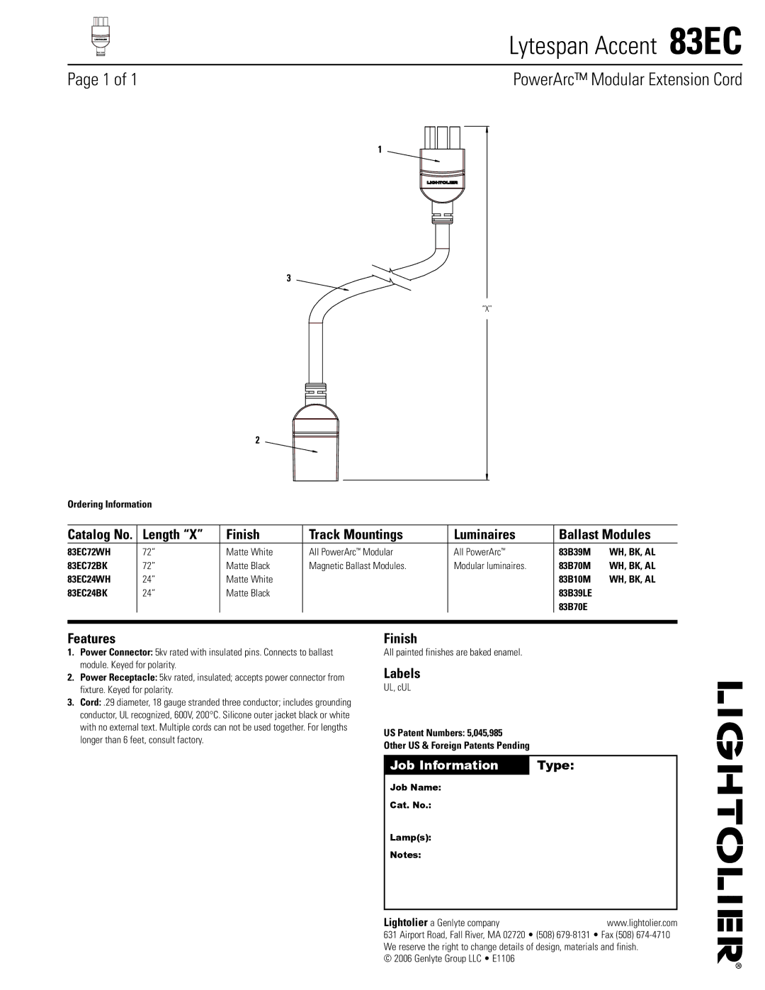 Lightolier manual Lytespan Accent 83EC, Length Finish Track Mountings Luminaires Ballast Modules, Features, Labels 