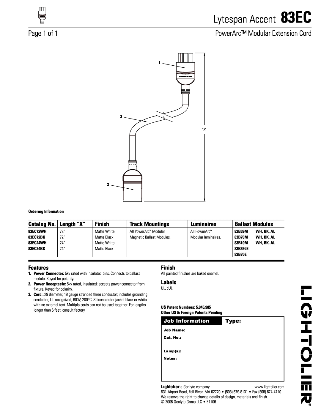 Lightolier manual Lytespan Accent 83EC, Page 1 of, PowerArc Modular Extension Cord, Length “X”, Finish, Track Mountings 