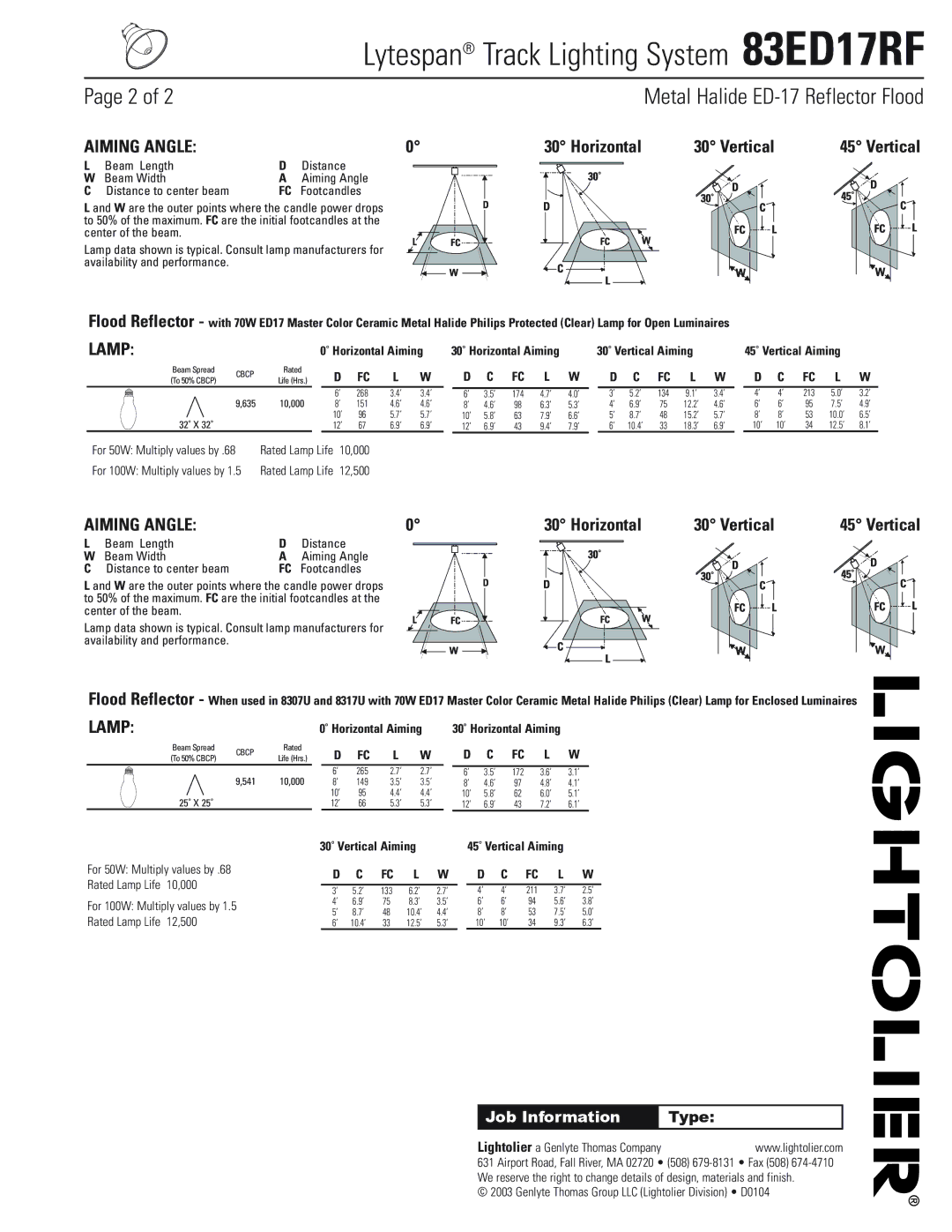 Lightolier 83ED17RF manual Metal Halide ED-17 Reflector Flood, Aiming Angle, Lamp, Horizontal Vertical 