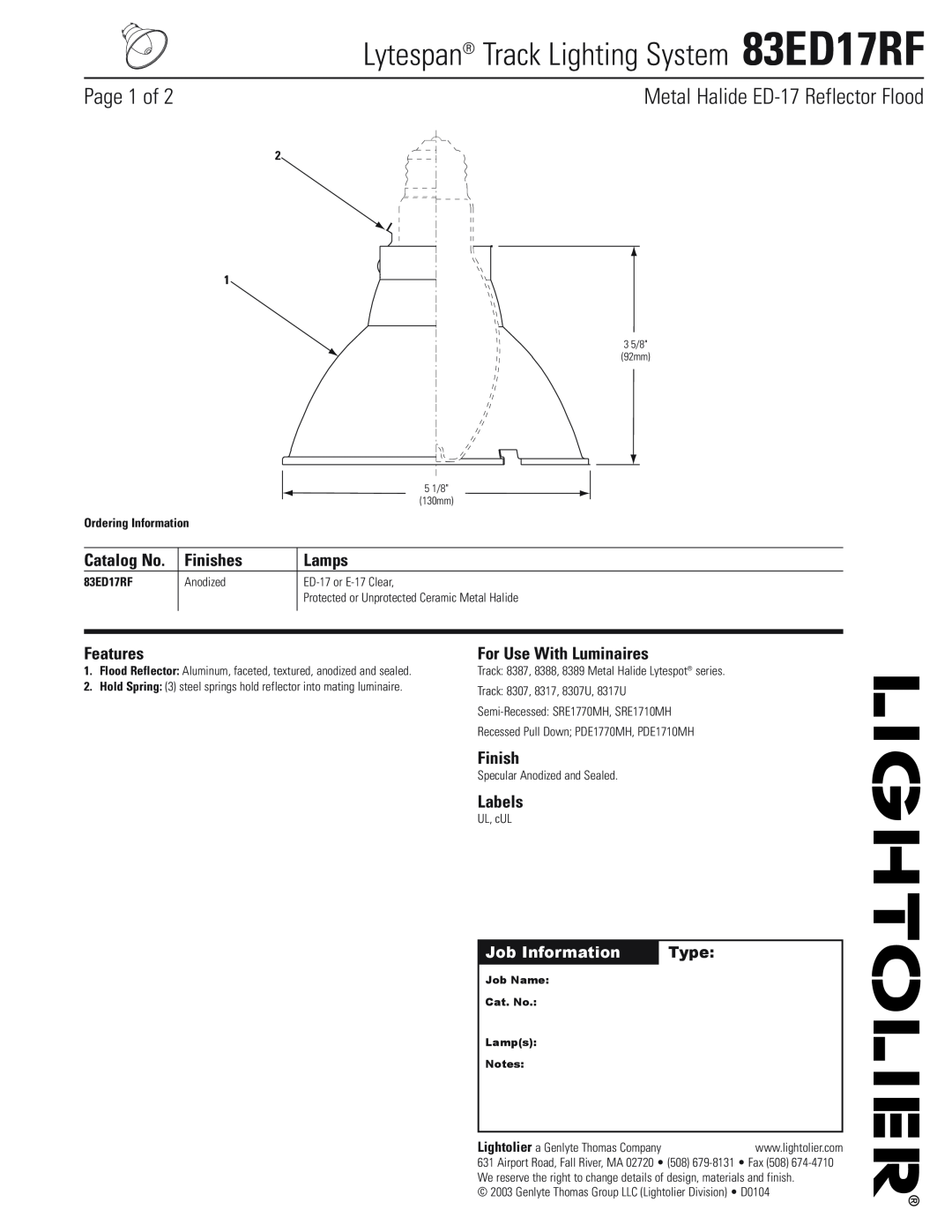 Lightolier manual Lytespan Track Lighting System 83ED17RF, Page 1 of, Metal Halide ED-17Reflector Flood, Catalog No 